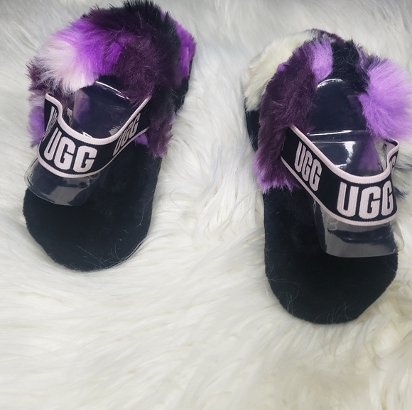 🥿Ugg Oh Yeah Fluff Yeah Black Purple Pink Tie-Dye Fur Slides Slippers 10 - Picture 7 of 8